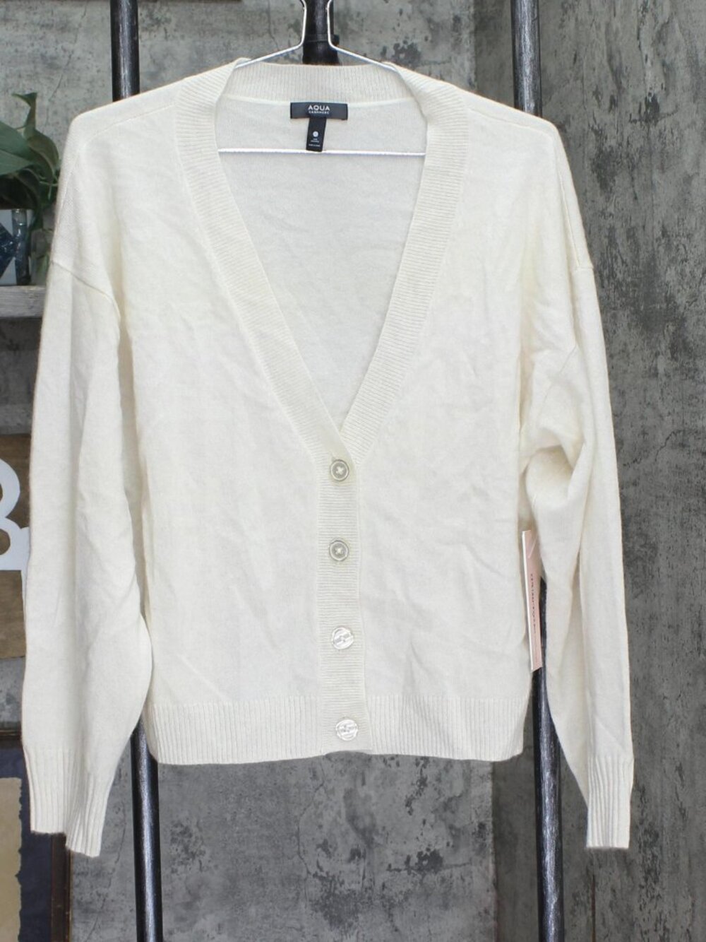Aqua White Front Button Cashmere V Neck Cardigan Sweater Ash Off Xl Sz XL